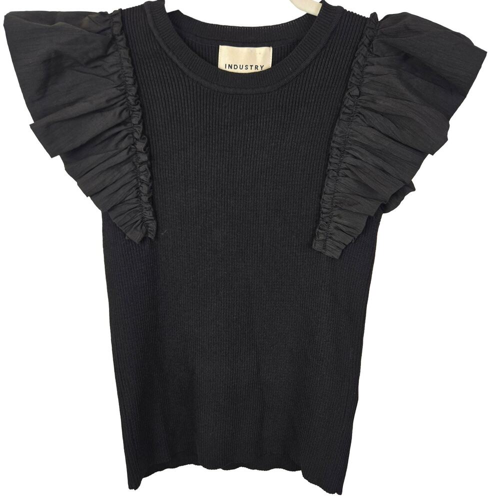 Industry Ribbed Knit Ruffle Sleeve Top Black S/P Stretch Crew Neck Puff GOTH EMO